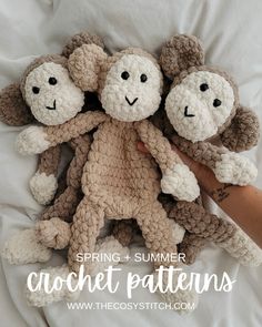 three crocheted monkeys sitting on top of each other with the caption spring and summer crochet patterns