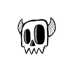 a black and white drawing of a skull with horns