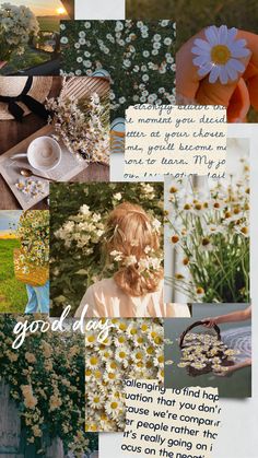 a collage of photos with flowers and words