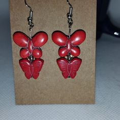 Red Stone Double Butterfly Red Dangle Earrings For Valentine's Day, Valentine's Day Red Dangle Earrings, Nickel Free Red Earrings For Valentine's Day, Nickel-free Red Earrings For Valentine's Day, Red Dangle Earrings With Ear Wire, Red Dangle Earrings For Pierced Ears, Nickel-free Red Drop Earrings, Adjustable Red Earrings For Party, Red Dangle Earrings