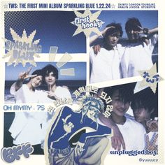 an advertisement for the first mini album blue 1222, featuring two young men and one woman