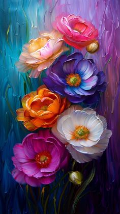 an oil painting of colorful flowers on a blue background