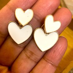 New!! White Heart Earrings. Color White With Gold. Metal Earrings.Earrings Have Two Ways To Use It(Please See Last Picture). You Can Use Only One Heart Or Both Hearts . Bundle With Other Items And Save Trendy White Heart-shaped Earrings, White Heart Charm Earrings, Trendy White Heart Earrings For Gift, Trendy White Heart Earrings Gift, Trendy White Double Heart Jewelry, White Heart Charm Earrings For Gift, White Earrings With Heart Charm As Gift, White Double Heart Earrings For Gift, White Heart Charm Earrings For Valentine's Day