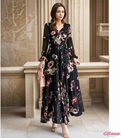 Chic and Elegant Long Dress with Snowflake Embroidery Winter Black Maxi Dress With Floral Print, Black Floral Print Maxi Dress For Winter, Long Dress Patterns, Winter Florals, Elegant Snowflake, Beautiful Long Dresses, Chic And Elegant, Floor Length Gown, Elegant Dresses Long