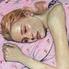 a painting of a woman laying in bed with her head resting on the pillow and eyes closed