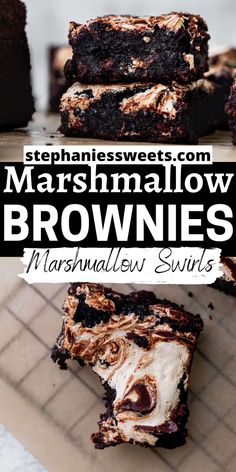 brownies with marshmallow swirls are stacked on top of each other