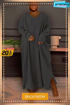 Women's Plus Size Casual Dress Solid Color V Neck Long Sleeve Winter Fall Basic Casual Maxi Long Dress Daily Vacation Dress Fall Vacation Outfits, Plus Size Casual Dress, Engagement Photo Outfits Fall, Maxi Long Dress, Vacation Dress, Engagement Photo Outfits, Vacation Dresses, Vacation Outfits, Plus Size Casual