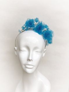 Blue rose wedding headband, blue silk floral crown, Derby blue rose fascinator, stars and flowers he Blue Handmade Flowers Headband, Blue Headband With Handmade Flowers, Summer Blue Headpiece With Handmade Flowers, Blue Handmade Flower Hair Accessories For Weddings, Blue Handmade Flower Wedding Hair Accessories, Blue Party Headpiece With Handmade Flowers, Blue Handmade Flowers Fascinator For Party, Blue Crown Headpiece For Party, Blue Party Crown Headpiece