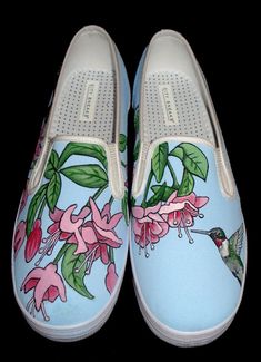 Hand Painted Vans - Hummingbird and Fuchsias Paint On Shoes, Hand Painted Vans, Artsy Shoes, Hand Painted Toms, Painted Toms, Painted Canvas Shoes, Painted Vans, Hand Painted Shoes, Keds Shoes