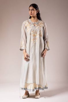 Blue full sleeves gardenia patch work and zardozi embroidered kurta with side ruched tie-ups. Paired with a lace border inner dress. - Aza Fashions Patch Work, Lace Border, Fashion App, Full Sleeves, Pant Set, Embroidered Silk, Set For Women, Anarkali, Aza Fashion