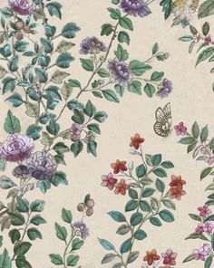 an image of flowers and butterflies on a wallpaper background that looks like it has been painted