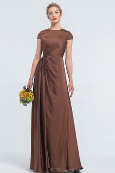 Modest LDS Cinnamon Satin Bridesmaid Dresses Cap Sleeves A Line Dress Satin, Silk Bridesmaid Dress With Sleeves, Bridesmaid Modest Dresses, Rose Satin Bridesmaid Dresses, Bridesmaid With Sleeves, Modest Formal Dresses With Sleeves, Elegant Bridesmaid Dresses With Sleeves, Satin Modest Dress, Satin Bridesmaid Dresses With Sleeves