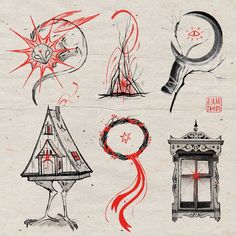 an old paper with some drawings on it, including a clock and other things in the background