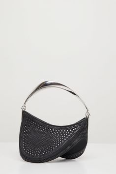 For Fall-Winter 23, Mugler reinterpreted the label's signature spiral twist in a bag silhouette. This top handle bag is crafted from satin and features crystal embellishments throughout. Bag Silhouette, Winter 23, Crystal Bags, Crystal Embellishment, Handle Bag, A Bag, Top Handle, Embellishments, Top Handle Bag