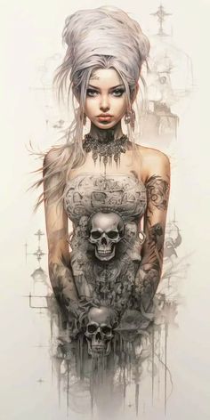 a drawing of a woman with tattoos and skulls on her chest, holding a skull