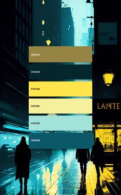 an image of people walking down the street in the city at night with color swatches