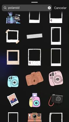 an iphone screen with different types of objects on it, including polaroid frames and cameras