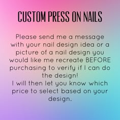 Custom designs Please message me BEFORE purchasing! The following is included with each order: * Alcohol Prep Pad * Nail Glue * Wooden Cuticle Pusher * Mini file * IMPORTANT: Please be sure to measure your nails accurately, we are not responsible if you order wrong nail sizes. Press On Nail Business Names, Nail Policies, Press On Nail Instruction Card, Custom Press On Nail Designs, Nail Length Chart Price, Nail Tech Policies, Nail Tech Organization Ideas, Press On Nails Business, Nail Tech Room Ideas