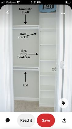 an open closet with white shelves and black arrows pointing to the door, which are labeled