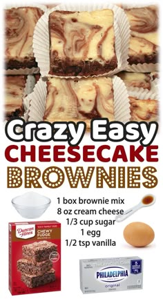 an advertisement for brownies is shown with eggs and cheesecakes in the background