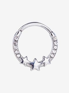 an open silver nose ring with stars on the side and clear crystal stones in the middle