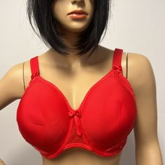 Nwt Elomi Bra S 38j.This Is Beautiful.It Is Red With Red And Cream Lace Over The Cups In A Unique Pattern.There Is A Large Bow Between The Breast Line.The Straps Are Adjustable And The Band Has A Nice Stretch To It In A Nylon Material.This Is An Underwire Non Padded Bra Full Coverage Red Bra With Padded Cups, Red Full Coverage Bra With Padded Cups, Red Full Coverage Padded Bra, Red Bra With Medium Bust Support, Elomi Bras, Underwire Sports Bras, Full Cup Bra, Soft Cup Bra, Unlined Bra