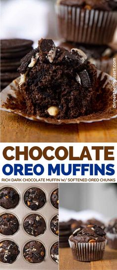 chocolate oreo muffins with white chocolate chips on top and in the middle