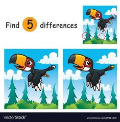 find the differences between two pictures with toucan bird and pine trees in the background