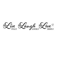 the words live laugh love are shown in black ink on a white background, with an ornate