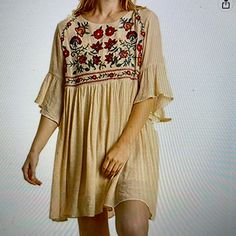 Cotton/Polyester, Babydoll, Pull On Closure, Embroidered, Ruffle Babydoll Sleeve, New With Tags Cute Embroidered Dress For Spring, Cute Summer Dress With Floral Embroidery, Cute Beige Floral Embroidery Dress, Cute Beach Dress With Floral Embroidery, Beige Tunic Dress With Floral Embroidery, Folk Style Beige Dress With Floral Embroidery, Cute Multicolor Embroidered Spring Dress, Cute Multicolor Embroidery Spring Dresses, Embroidered Short Sleeve Mini Dress For Brunch