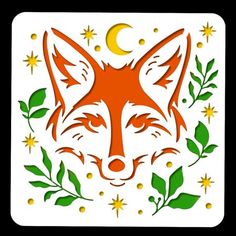 a red fox with leaves and stars on it's head is shown in the center of this image