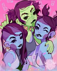 two girls with purple hair and green skin are looking at something in the distance while one girl is holding her hand up to her face