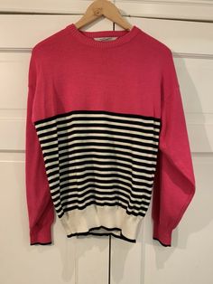 Fabulous 80’s Vintage Ski Sweater. Hot Pink, Black and White Stripe. Medium Knit. Wool Blend. Ladies size medium. Pit to pit is 21”. In excellent vintage condition. No issues. Shipped with USPS Priority Mail. Thanks for looking:) Winter Knit Tops With Contrast Stripes, Winter Knit Top With Contrast Stripes, Knit Tops With Contrast Stripes For Winter, Knit Sweater With Contrast Stripes, Classic Winter Tops With Contrast Stripes, Casual Color Block Sweater For Work, Winter Workwear Tops With Contrast Stripes, Classic Pink Knit Sweater, Retro Tops For Layering