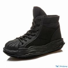 Orcajump - Thick-soled High-top Canvas Boots with Fleece Lining and Dissolving Shell Toe in Martin Style Winter High-top Sneakers With Vulcanized Sole For Outdoor, High-top Sneakers With Vulcanized Sole For Outdoor, Casual Boots With Vibram Sole For Streetwear, Casual Hiking Sneakers For Fall, High-top Winter Boots With Rubber Toe Cap, Winter Outdoor Sneakers With Vulcanized Sole, High-top Boots With Rubber Toe Cap For Winter, Fall Sneakers With Reinforced Toe Lace-up, Fall Sneakers With Reinforced Toe And Lace-up