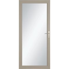 a door with a mirror on the front and side paneled in grey wood, against a white background