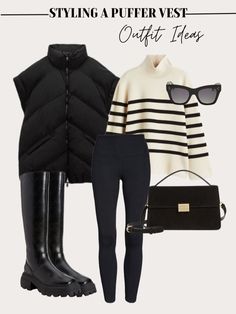 Winter Outfits For Work Women, Sweater Outfit Inspiration, Women Vest Outfits Winter, Breton Sweater Outfit, Leggings 2023 Street Style, Friday Night Dinner Outfit Fall, Styling Leggings Winter, Down Vest Outfit Womens, Old Money Chic Outfits