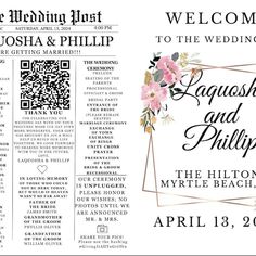 the wedding program is displayed on a white paper with pink flowers and gold trimmings