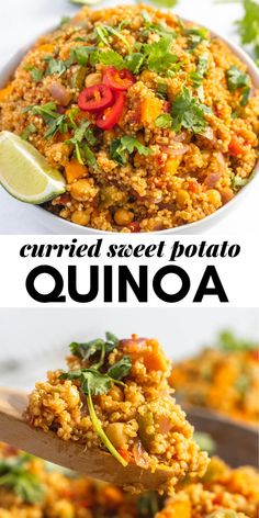 a plate with some food on it and the words currie sweet potato quinoa