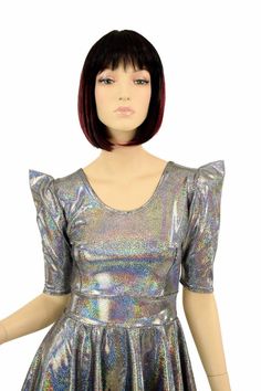 Silver Holographic Sparkle Darted Sharp Shoulder Pointy Sleeve | Etsy Fitted Rave Party Dresses, Fitted Short Sleeve Mini Dress For Costume Party, Iridescent Fitted Party Dress, Iridescent Fitted Dress For Party, Fitted Shimmer Summer Dress, Fitted Shimmer Dress For Summer, Iridescent Fitted Mini Dress For Party, Metallic Fitted Mini Dress For Disco, Metallic Fitted Disco Mini Dress