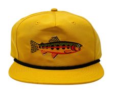 California Golden Trout Hat. This rope hat features a snap closure and is extremely comfortable. We donate a portion of every order from our shop to organizations helping to conserve native trout species! Specifications: 100% polyester hat 100% cotton rope One size fits all Casual Flat Brim Snapback Hat For Fishing, Adjustable 5-panel Baseball Cap For Fishing, Fishing Snapback Baseball Cap, Casual Flat Bill Baseball Cap For Fishing, Casual Snapback Hat With Flat Bill For Fishing, Yellow Snapback Hat With Flat Bill For Outdoor, Casual Flat Bill Snapback Hat For Fishing, Yellow Flat Bill Snapback Hat For Outdoor, Adjustable Flat Bill Snapback Hat For Fishing