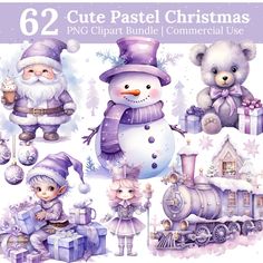 christmas clipart set with cute santa, snowman and teddy bears in purple outfits