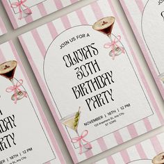 pink and white striped birthday party flyers with martini glasses on them, tied in ribbon