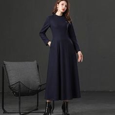 Long Wool Dress Women Dress Long sleeve dress Dress For | Etsy Blue Formal Maxi Dress For Winter, Wool Long Sleeve Dresses For Work, Blue A-line Midi Dress For Winter, Wool Long Sleeve Midi Dress For Work, Long Sleeve Wool Dresses For Office, Office Wool Dresses With Long Sleeves, Winter A-line Midi Dress For Office, Winter Midi Length Long Sleeve Workwear Dress, Winter Office Knee-length Dress