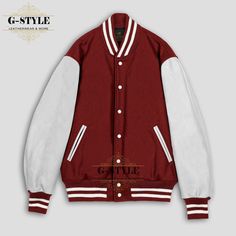 This is Maroon & White Varsity Jacket is made of High Quality Wool and Cowhide Leather Sleeves. The Front of this Jacket is Snaps Closure. Collar and Cuffs of the Jacket are Rib Knitted.  It has Four Pockets (Genuine Leather trim is used on the Pockets).  Polyester Quilted Lining is used inside to make you feel warm and comfortable. NOTE: ● Please look at the product images and carefully select your required size. ● Product color may vary due to photographic lighting sources or your monitor sett Winter Cotton Varsity Jacket With Stand Collar, College Cotton Stand Collar Outerwear, College Cotton Outerwear With Stand Collar, Cotton Outerwear With Stand Collar For College, White Baseball Collar Outerwear With Pockets, White Outerwear With Baseball Collar And Pockets, White Varsity Jacket With Pockets For Winter, Fall Varsity Jacket With Stand Collar And Pockets, Cotton Varsity Jacket With Stand Collar For College