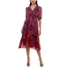 Maison Tara Sheer Sleeve Patterned Midi Dress Baroque Floral, Patterned Midi Dress, Red Wedding Dresses, Jumpsuit Jacket, Maxi Dresses Casual, Red Wedding, Sheer Sleeves, Sleeves Pattern, Eggplant