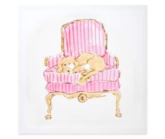 a drawing of a dog sleeping on a pink striped chair with gold trimmings