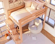 a loft bed with stairs leading up to it