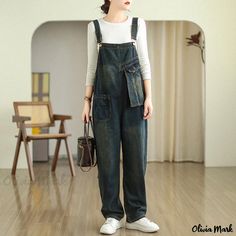 Olivia Mark - Relaxed and Comfortable Wide-Leg Denim Overalls Overalls Baggy, Overalls Winter, Loose Overalls, Vintage Overalls, Solid Color Jumpsuits, Fitted Maxi Dress, Cotton Linen Dresses, Bib Overalls, Vintage Pants