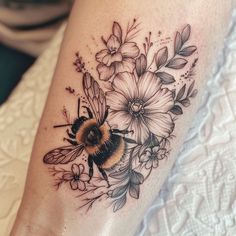 Vibrant Bumble Bee Tattoo Master Files Bee Filler Tattoo, Flower Garden Arm Tattoo, Flowers Bees And Butterfly Tattoo, Flowers With Bees Tattoo, Bee Tattoo Shoulder, Autumn Flower Tattoo, Bee Shoulder Tattoo, Minimal Color Tattoo, Bee On Flower Tattoo