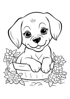 a puppy sitting in a basket with flowers